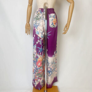 one of a kind kimono flare pants – vintage furisode silk with peony & bamboo garden motif