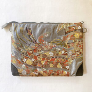 silk fukuro obi laptop bag 13 inch, gray with noshi ribbon motif, japanese kimono fabric, black leather corners