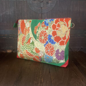 silk kimono laptop bag 13 inch, green with phoenix and floral embroidery, japanese vintage obi fabric, red leather corners