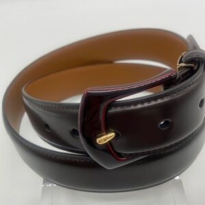 brown cordovan belt with lacquered buckle
