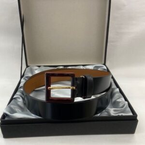 black cordovan belt with lacquered buckle