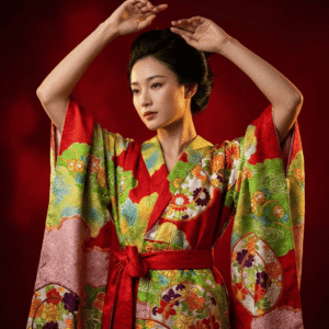 Cloud-layered Auspicious Flower and Plant Pattern Long-sleeved Kimono Gown