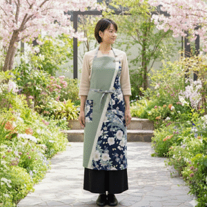 Wakaba – Fresh Young Leaves NURENGANE Wa-Modern Apron for the Hinoe-Uma Year (Featuring a Lucky Motif of Cherry Blossoms and Tied Noshi)
