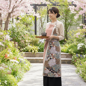 Togen – Peach Blossom Paradise NURENGANE Wa-Modern Apron for the Hinoe-Uma Year (Featuring Auspicious Motifs of Peach and Purple Auspicious Clouds)