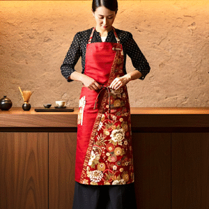 Akane – Deep Madder Red NURENGANE Wa-Modern Apron for the Hinoe-Uma Year (Featuring a Lucky Motif of Peony and Chrysanthemum)